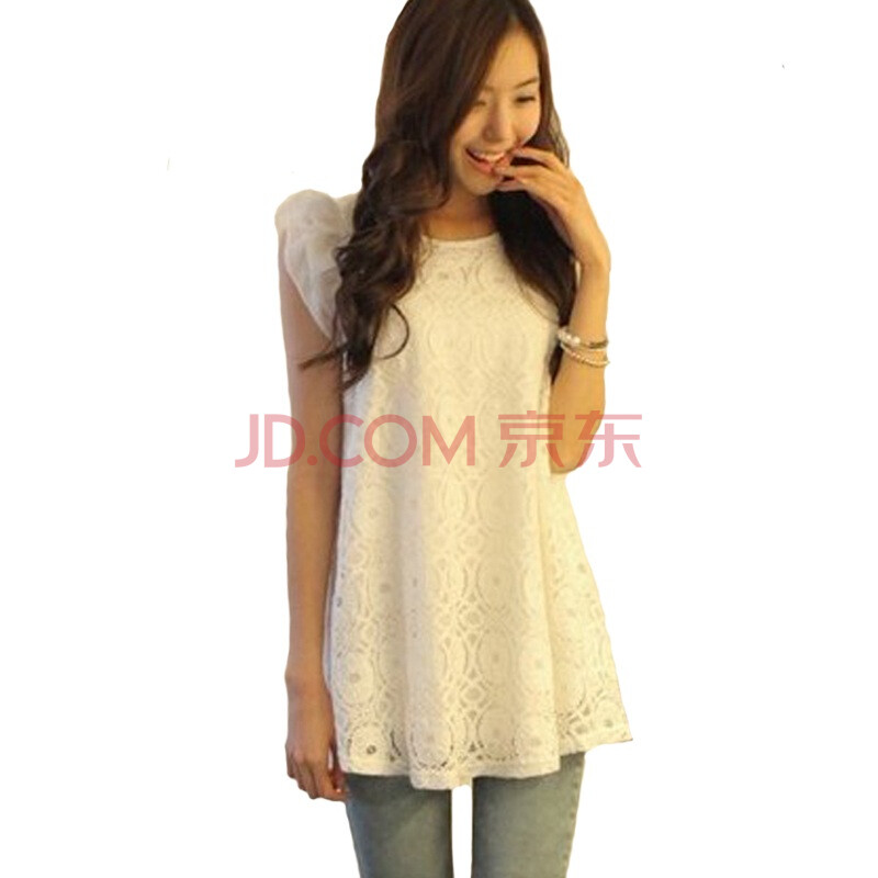EyesonU 韩版甜美蕾丝拼接荷叶袖边短袖T恤蕾丝打底衫 LS3788 白色 均码