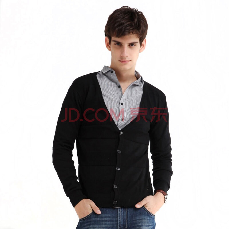 唐狮Tonlion男纯色时尚<em>针织开衫</em>百搭毛衣 <em>黑色</em>