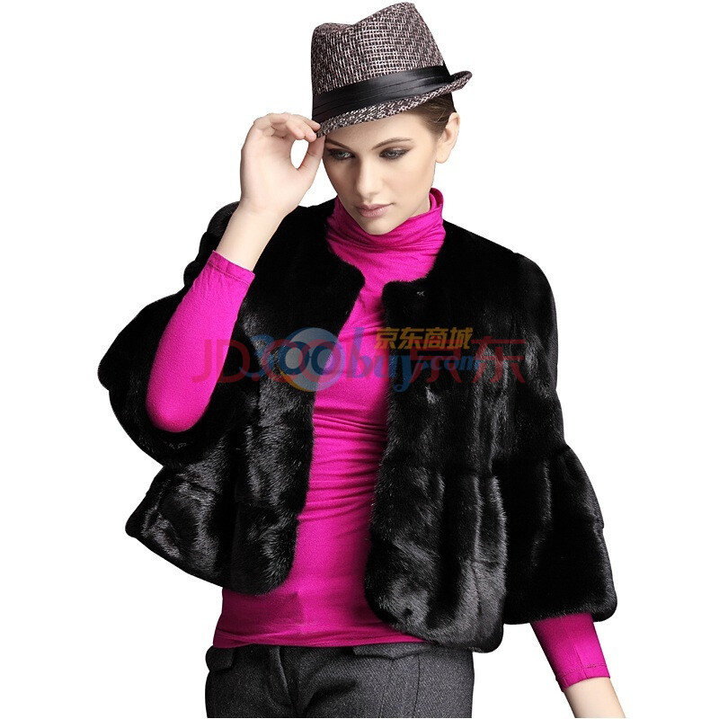 希荷 女王范貂皮<em>大衣</em> 黑色整貂水貂<em>皮草外套</em>女