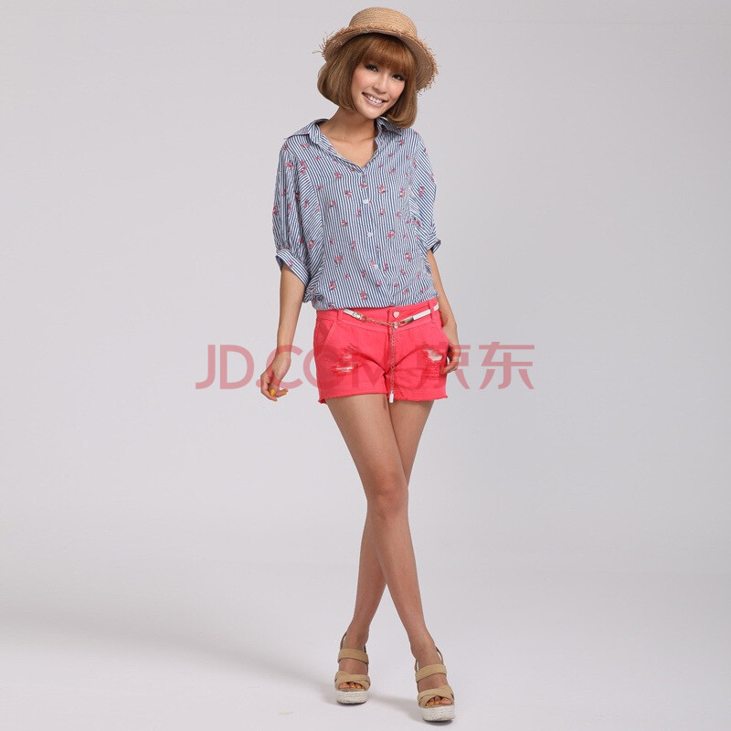 茵佳妮夏季<em>女装</em>甜美<em>系</em>碎花<em>条纹</em>蝙蝠袖衬衫51