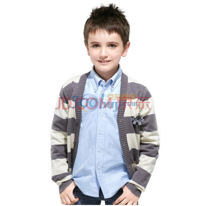 yooknet 童装 学院风 宽横<em>条纹 毛衣开衫</em> 男童女