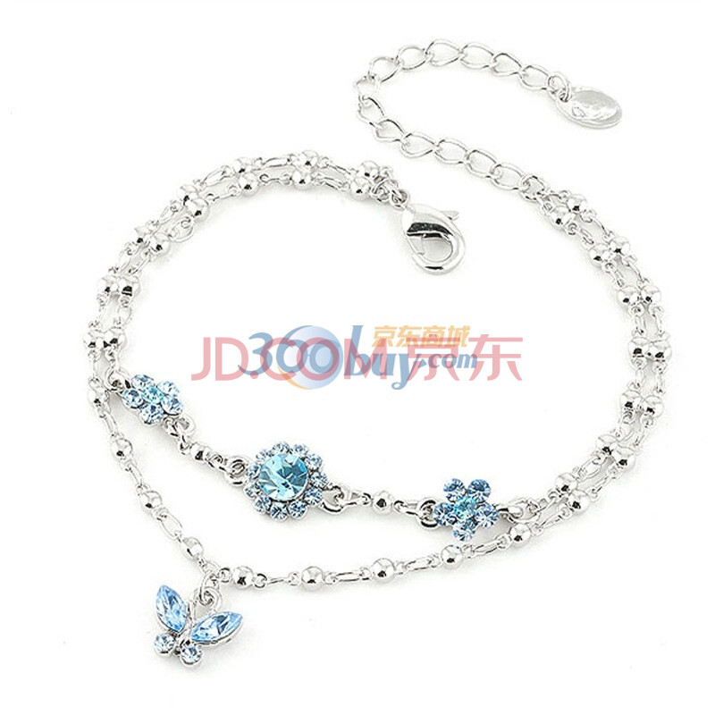 Glamorousky双层花朵蓝色水晶<em>手链</em>配蝴蝶挂饰