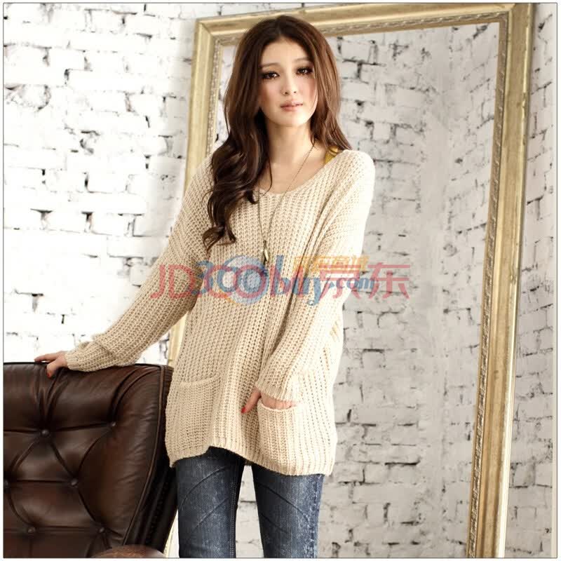 东京着衣 纯色<em>V领</em>口袋粗<em>织毛衣</em>1027652 杏色