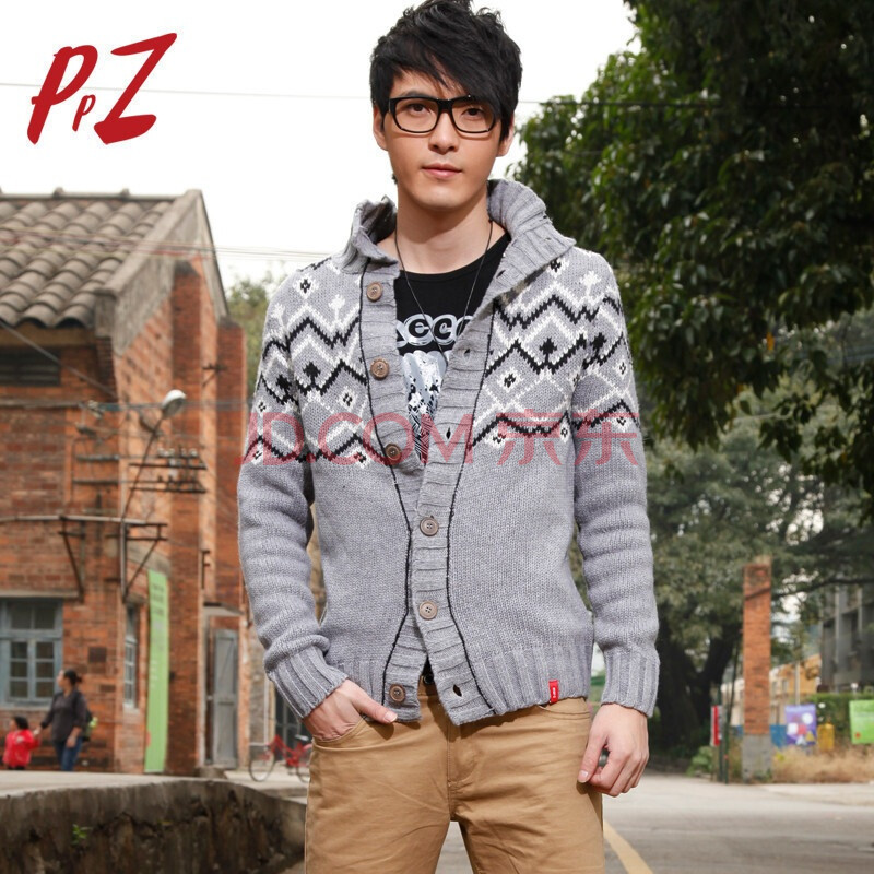 PPZ男装 花机编制加厚<em>立领开衫男士毛衣</em>外套