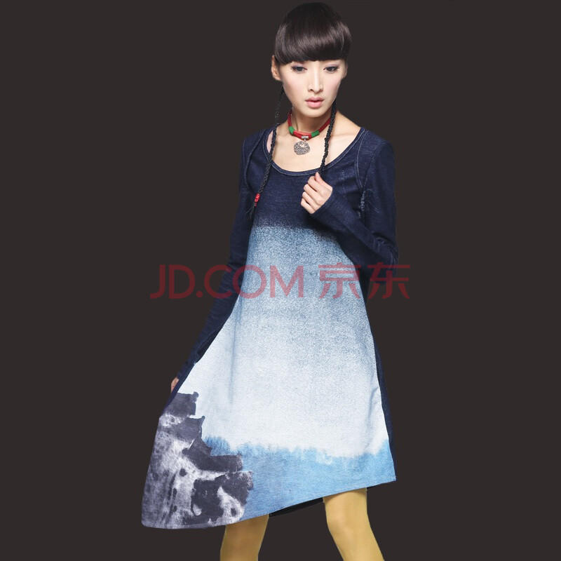 裂帛新款<em>女装</em> <em>水墨</em>画印花 长袖连衣裙 百里间1