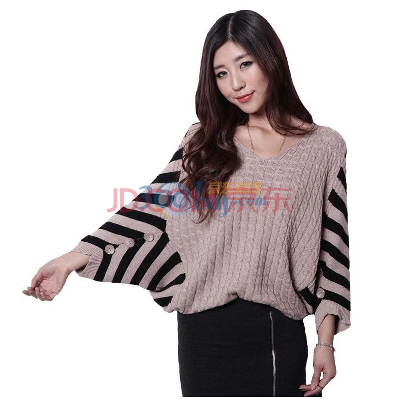 韩都衣舍 韩国2012新春新款女针织衫v领条纹蝙