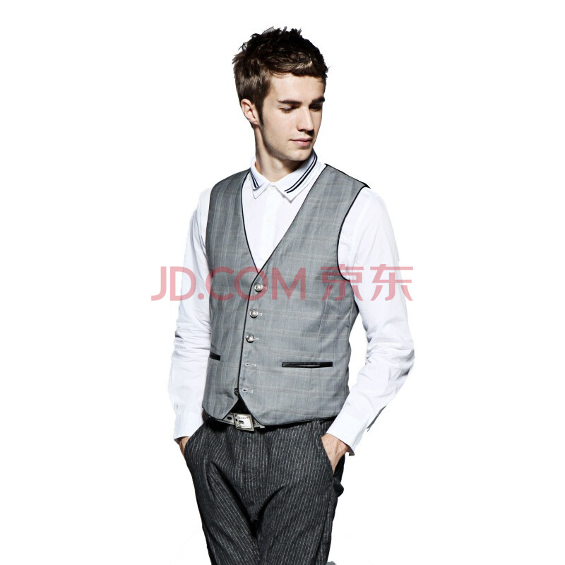 Justyle<em>男装</em>优雅撞色灰格<em>商务</em>休闲西装<em>马甲</em>44