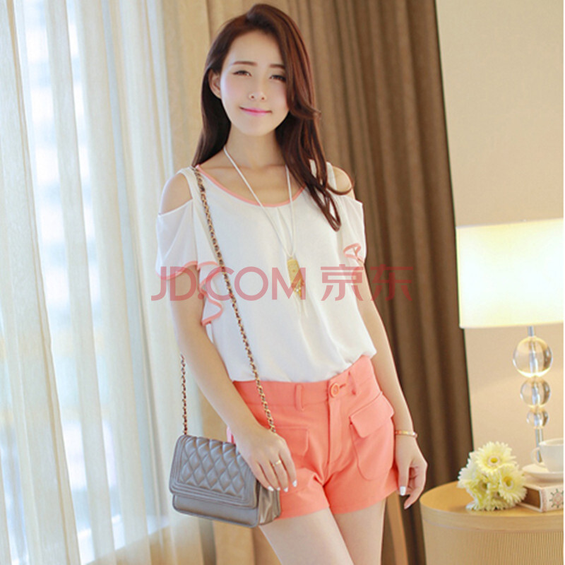 新款女装露肩雪纺休闲套装韩版修身<em>短袖短裤</em>套