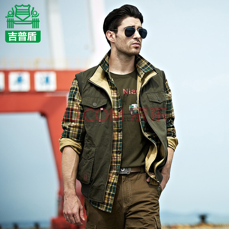 <em>吉普盾马甲</em>男款多口袋纯棉宽松加大码户外钓鱼
