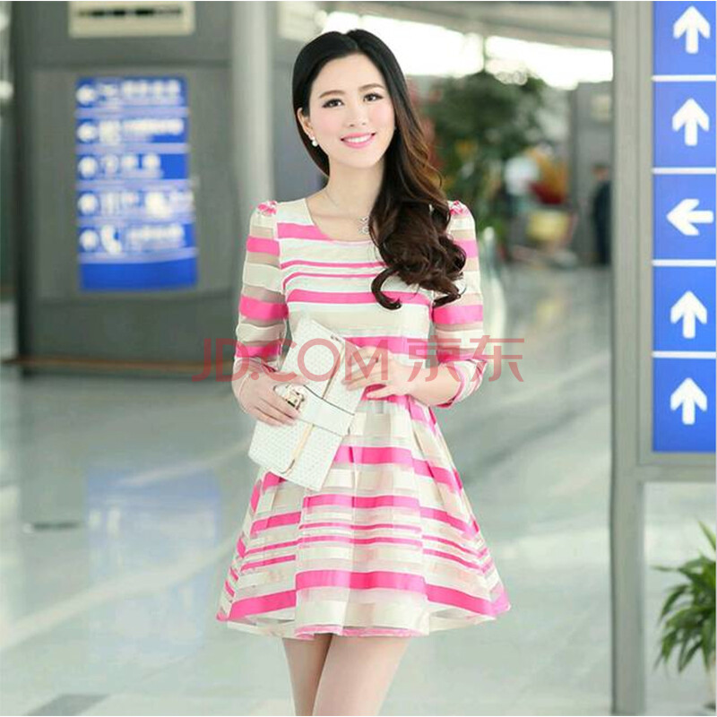 天使<em>保镖</em> 2014夏装新品 <em>淑女</em>小圆领条纹欧根纱