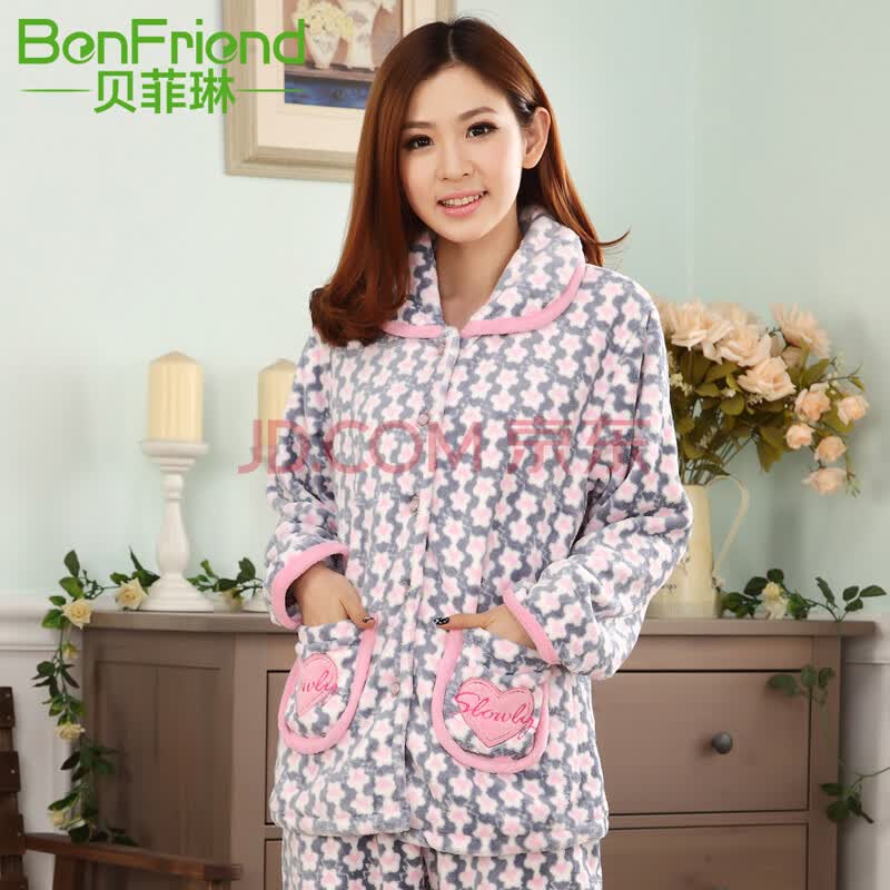 贝菲琳正品<em>珊瑚绒</em>冬女士加厚加<em>绒睡衣女式</em>长袖