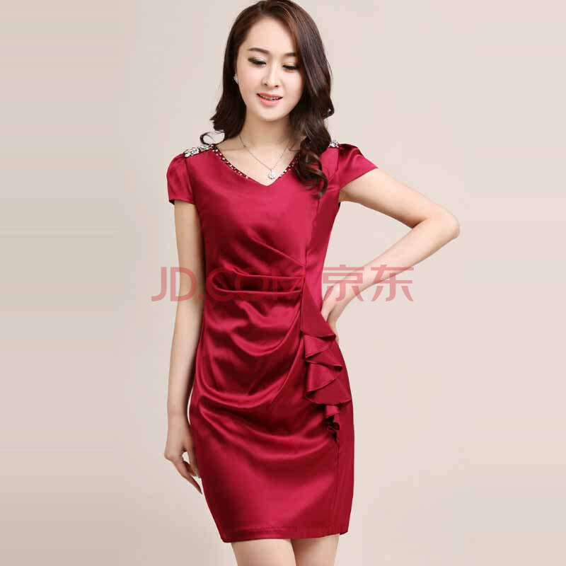 清新怡人<em>夏装</em>新品绸缎<em>女装</em>纯色礼服<em>裙子</em>高档大
