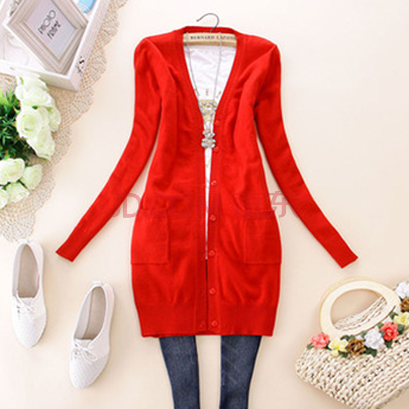 2014新款春装<em>羊绒</em>衫女士V领<em>中长款羊绒</em>衫<em>开衫</em>