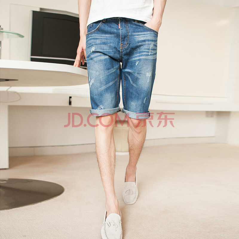 坎贝尔 夏季新款<em>牛仔短裤 男潮</em>水洗磨破休闲牛