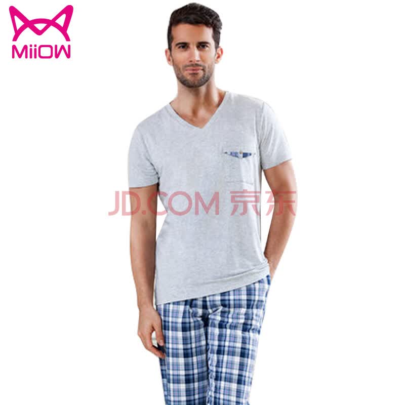 <em>猫人</em>新品 <em>家居</em>服男士纯棉梭织格纹短袖<em>睡衣</em>套