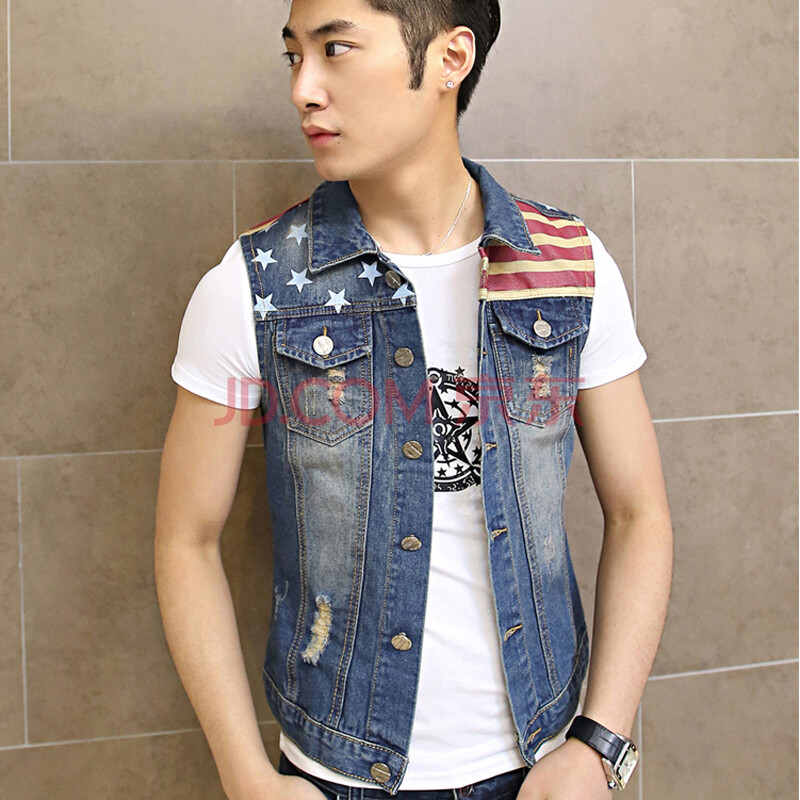 货到付款弋诗索曼夏季潮流时尚<em>男士牛仔马甲</em>背