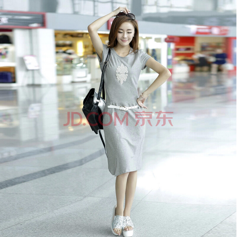 身大码长裙棉短袖休闲女装连衣裙859 <em>浅灰色</em> 