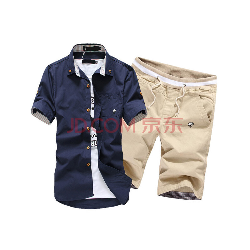 014夏装韩版男士休闲小蘑菇衬衫<em>短裤套装 男</em>修
