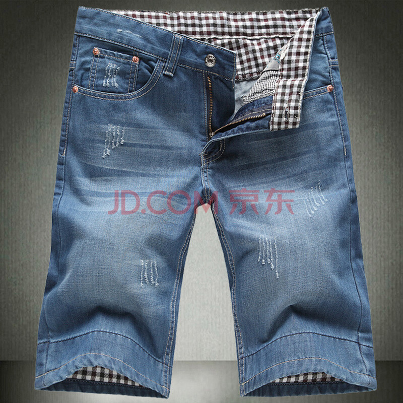 依泽麦布2014夏装新款<em>男士牛仔短裤</em>格子<em>翻边</em>