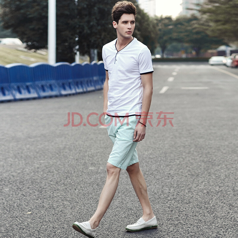 EY 夏装新款男士短袖V领纯棉t恤亚麻<em>短裤</em>五分