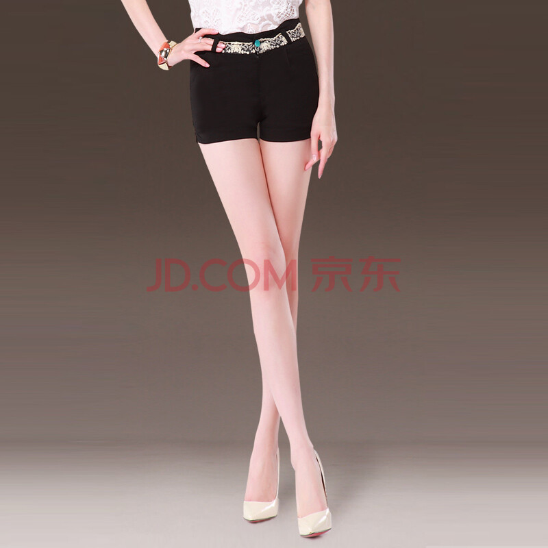 UYE 金线绣花贴面拼接裤腰2014夏装<em>女短裤</em> 黑