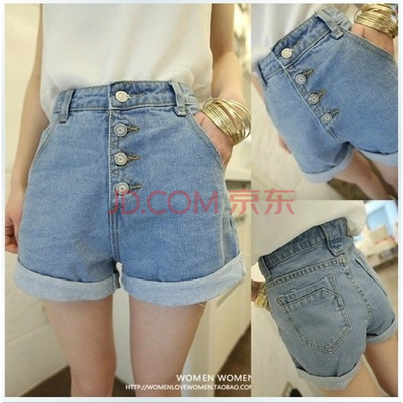 新款<em>韩版</em>时尚热裤大码宽松排扣牛仔<em>高腰短裤</em>夏
