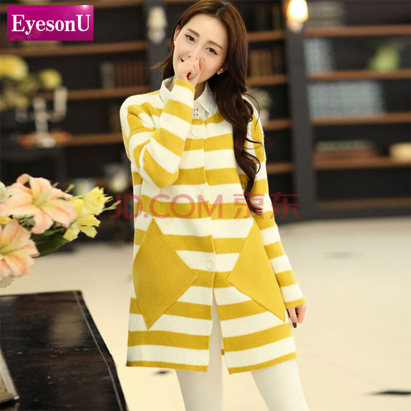 EyesonU 2014春装新款韩版<em>条纹</em>中<em>长款</em>针织开