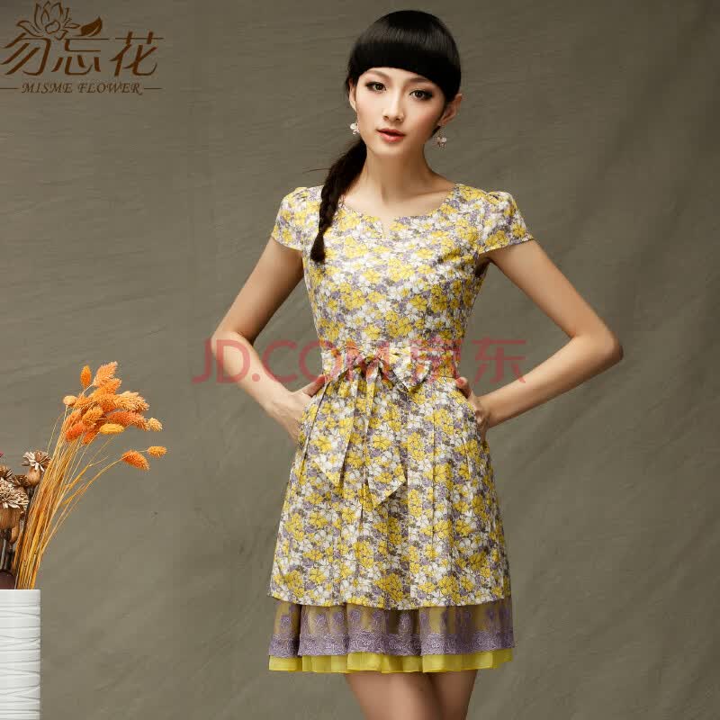 <em>勿忘花</em>棉布花裙品牌 夏装新款女 腰带修身显瘦