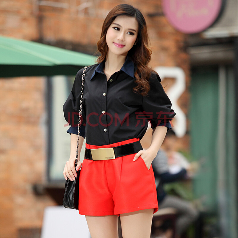 麦潮2014夏装新款翻领大码衬衫 <em>短裤</em>两件套女