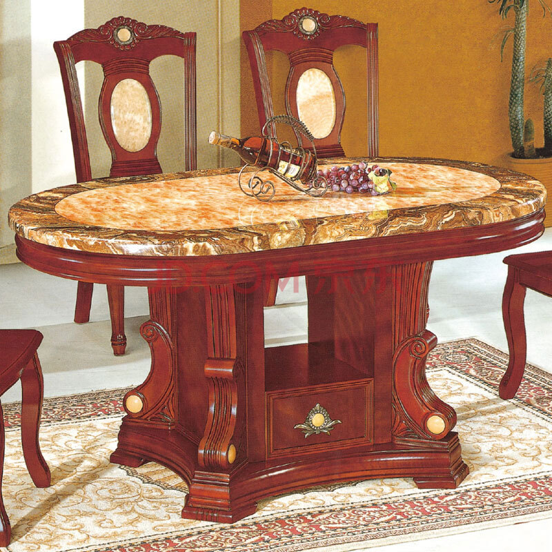 大理石餐桌 实木台架椭圆形餐桌 现代简约客厅餐厅 鲍玉红龙玉餐桌 1