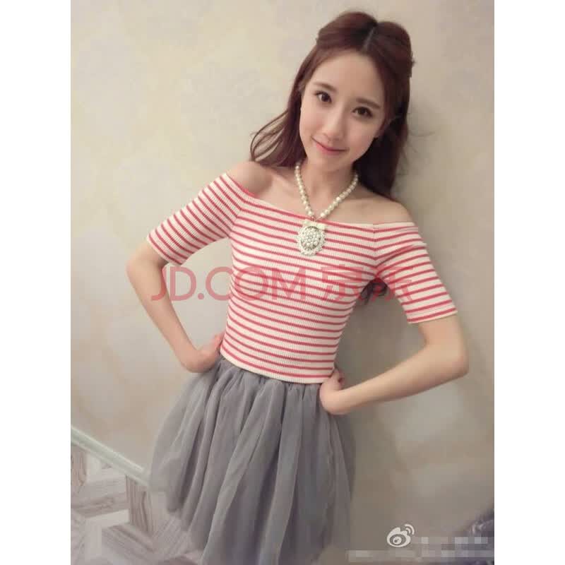奥靓 货到付款 693#2014夏款露肩<em>一字领</em>条纹针