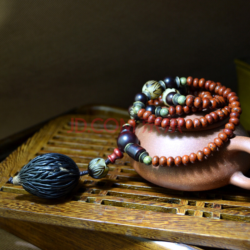 天然108颗老色星月菩提加千丝果吊坠念珠手链