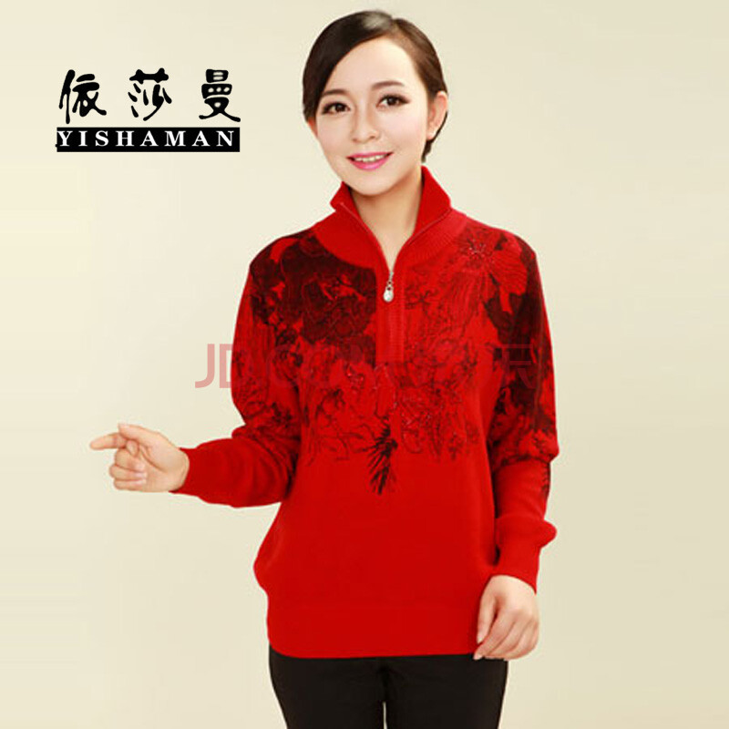 莎曼女士羊绒衫 中年短款保暖套头 三紧<em>样式</em> 花