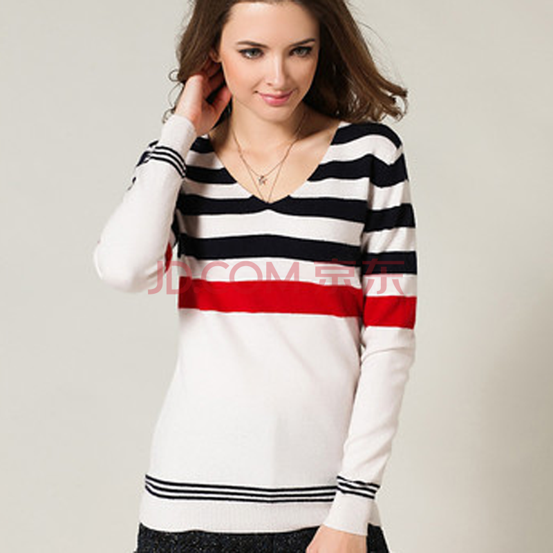款女装羊绒衫修身羊毛套头前后<em>V领条纹毛衣</em> <em>白</em>