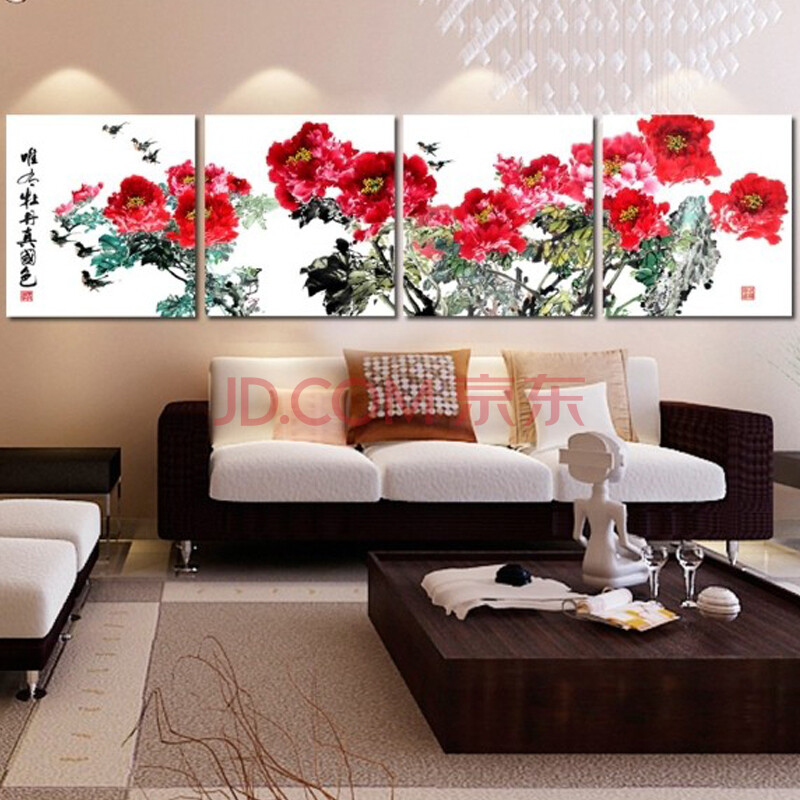 华庭丽娜 国画唯有牡丹真国色 四联画卧室挂画