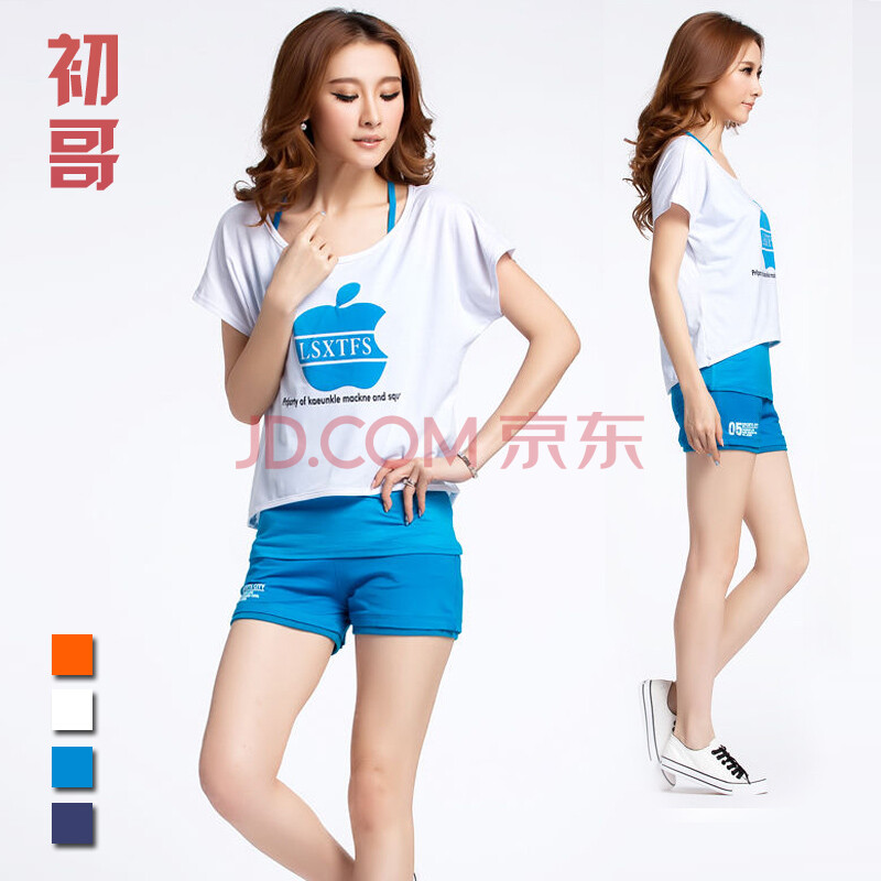 初哥 夏季新品 <em>短袖</em>苹果印花<em>女款</em>韩版<em>短裤</em>运动