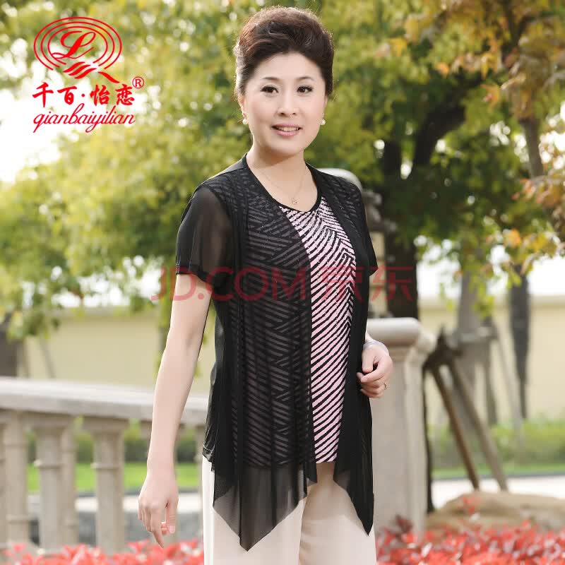 千百怡恋中老年<em>女夏装</em>短袖T恤中年女装假两件