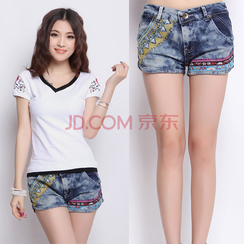 2014原创<em>民族风夏</em> 撞色绣花 牛仔裤<em>短裤女</em> 符信