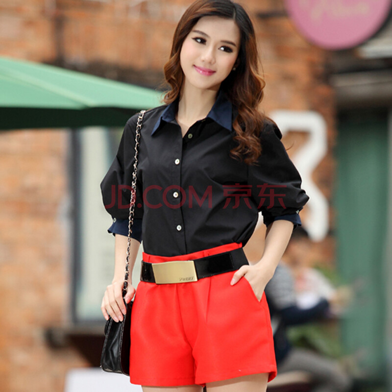 楚尚秀2014夏装新款翻领<em>黑</em>衬衫橘红<em>短裤</em>两件