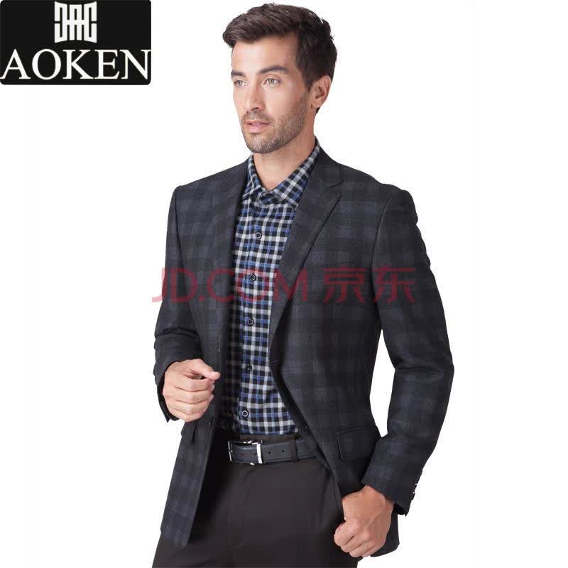 奥肯aoken 男士正品休闲收腰单西服 全毛面料黑格深色