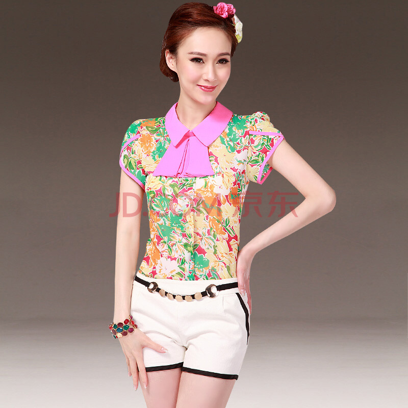 结式装饰翻领2014夏季印花短袖<em>女雪纺上衣</em> 玫