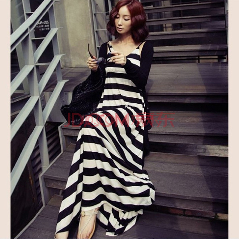 芷筝 2014春装新款连衣裙<em>黑白条纹</em> 波西米亚长