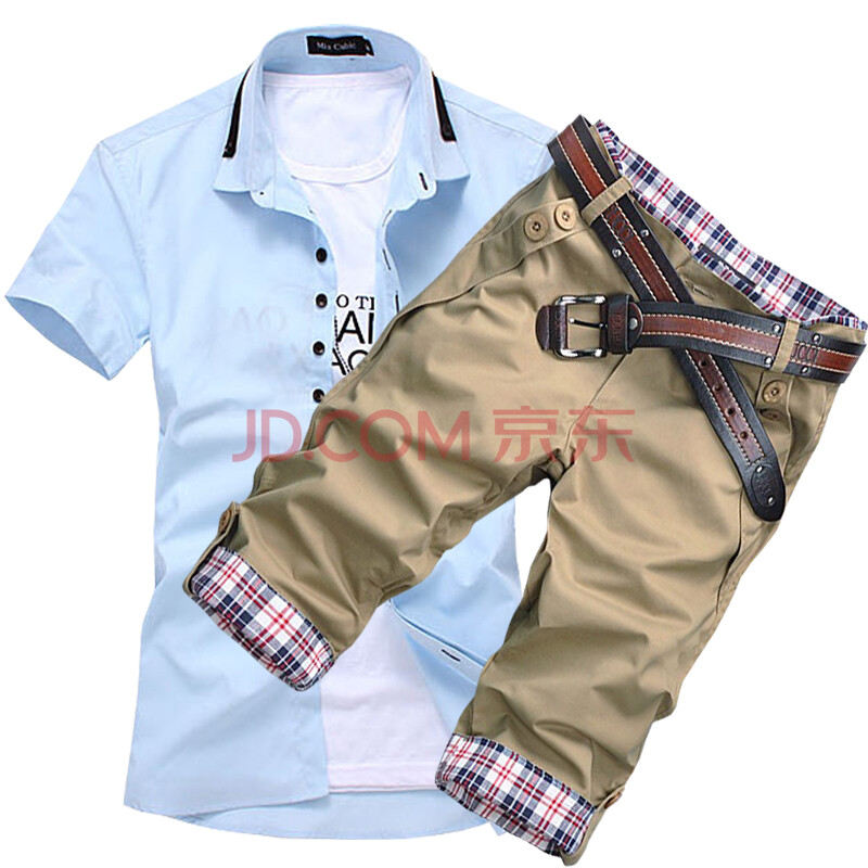 refuo 夏装时尚<em>短裤</em> <em>男士休闲</em>短袖衬衫 <em>搭配</em>套装