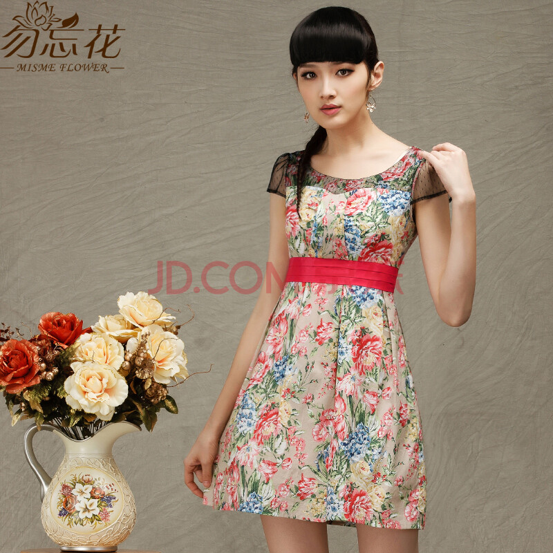 <em>勿忘花</em>原创品牌棉布花裙 2014夏季女款网纱撞
