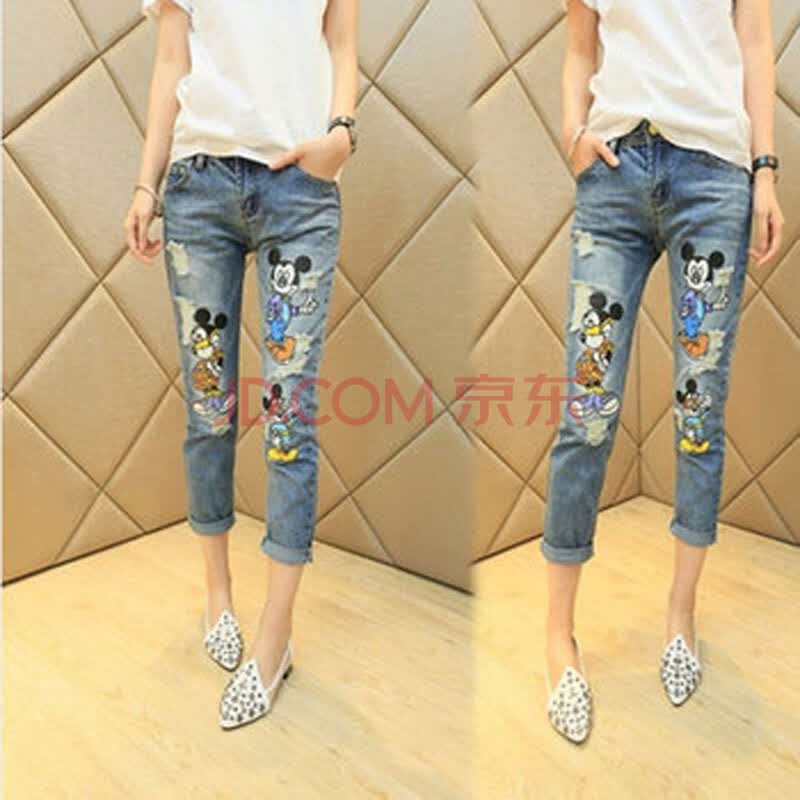 欣语晴2014新款七分<em>牛仔裤</em>女韩版个性破洞潮