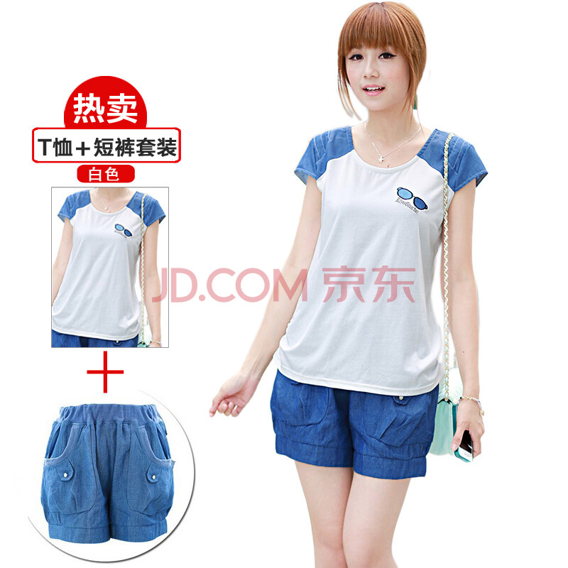 2014夏装韩版纯棉短袖女T恤<em>牛仔</em>拼接<em>少女装</em> 