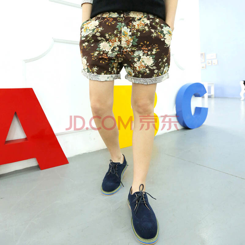 himto 2014夏季新款 复古麻料 花花<em>短裤</em> 咖啡 X