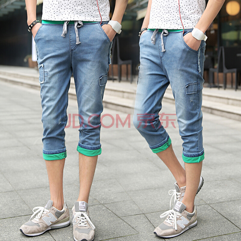 2014新款<em>夏季</em>男个性牛仔<em>短裤韩</em>修身七分补丁