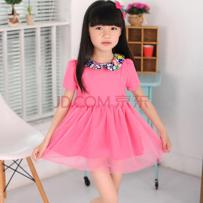 女童 夏装2014新款儿童雪纺连衣裙 韩版小女孩 短袖公主裙子 粉色 160