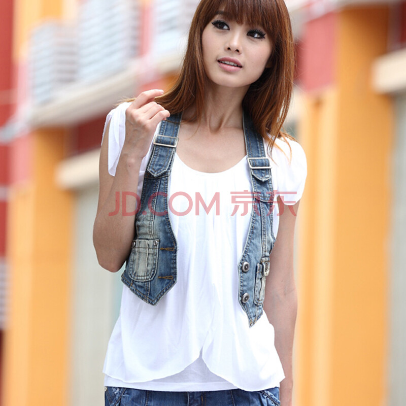 赛斯修身<em>牛仔短外套</em>女<em>小马甲</em>女装韩挂脖式牛仔